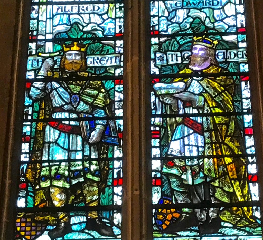 Wells Cathedral, Somerset. Stained glass window showing King Alfred the Great and his son King Edward the Elder