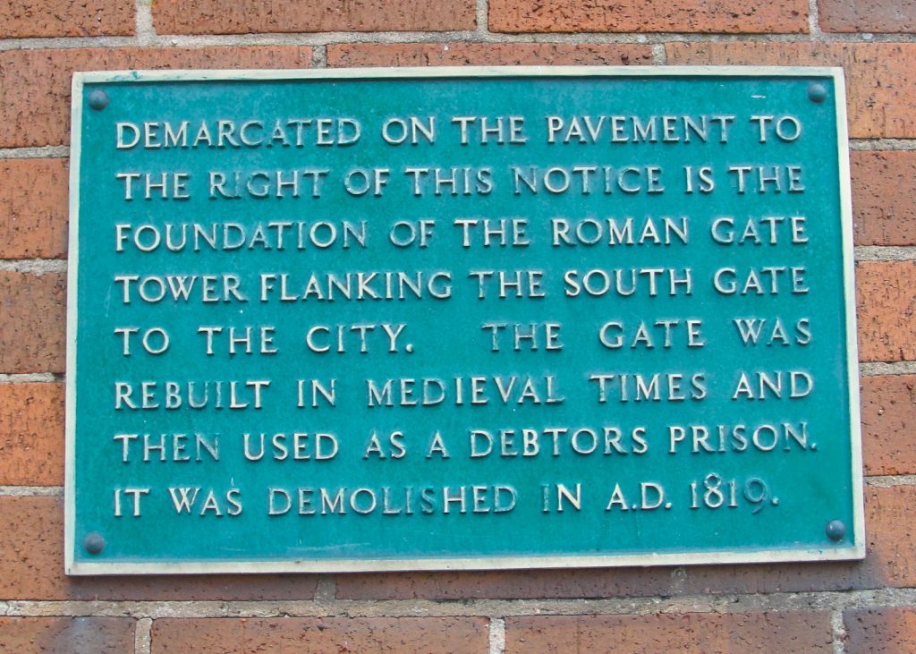 Plaque marking the location of the South Gate in the walls of Exeter