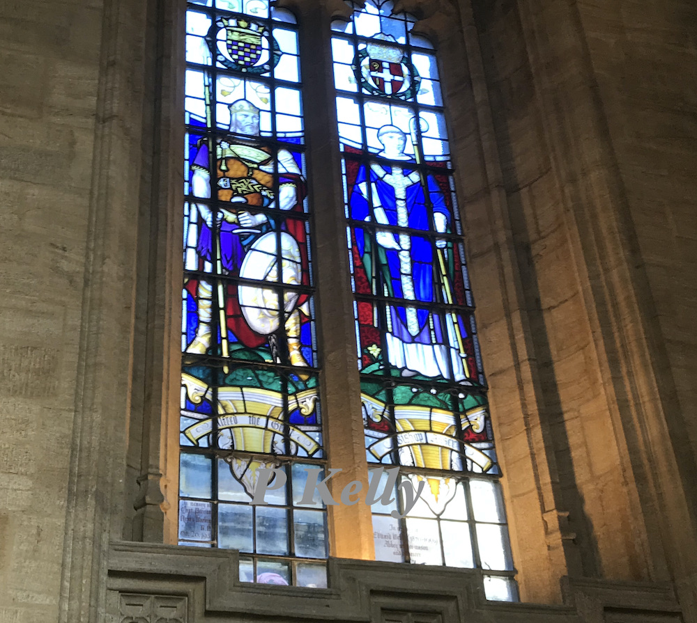 Stained glass window in Sherborne Abbey showing King Alfred and Asser