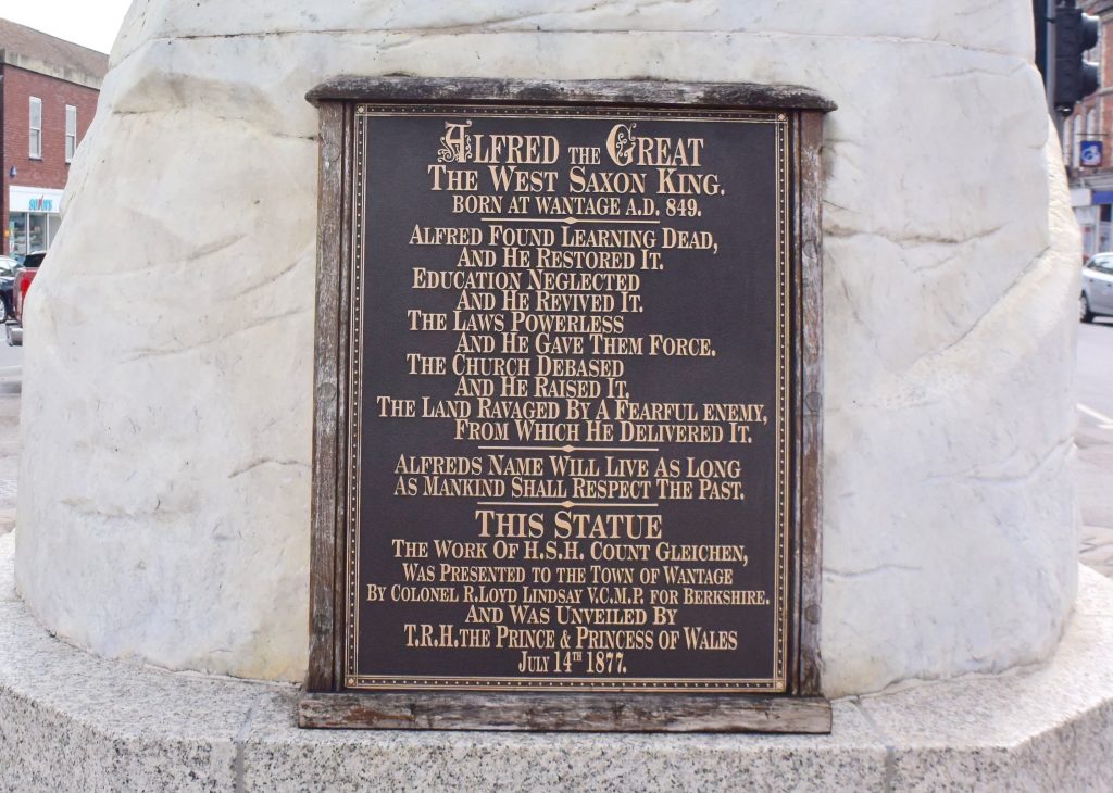 Wantage, Oxfordshire. The plaque on the King Alfred statue