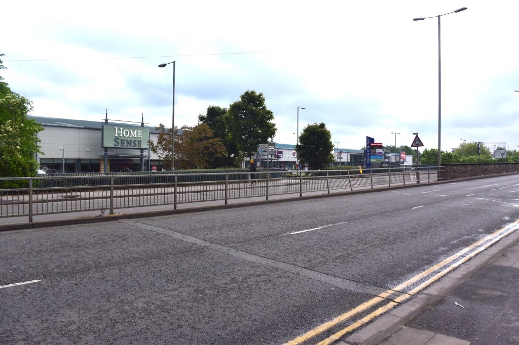 Reading, Berkshire. A retail park, beneath which may be the Plummery Ditch