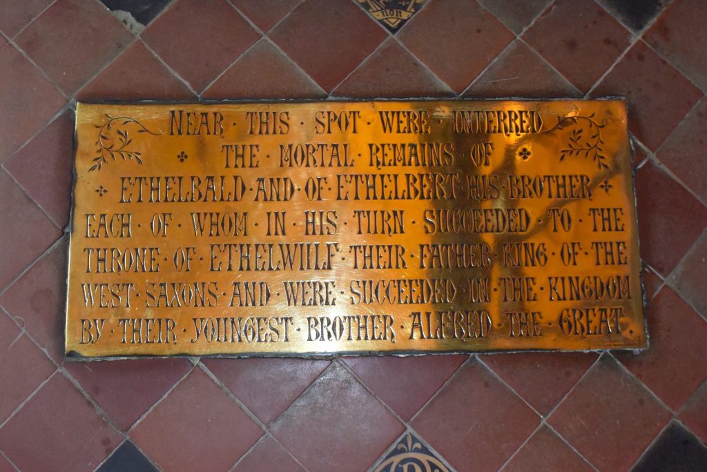 Plaque inside Sherborne Abbey, Dorset, informing us that King Ethelberht and King Ethelbald were interred nearby