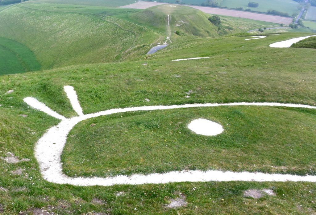 The head of the White Horse of Uffington, Oxfordshire, with the flat-topped Dragon Hill in the distance. Some claim that the Battle of Ashdown was fought here.