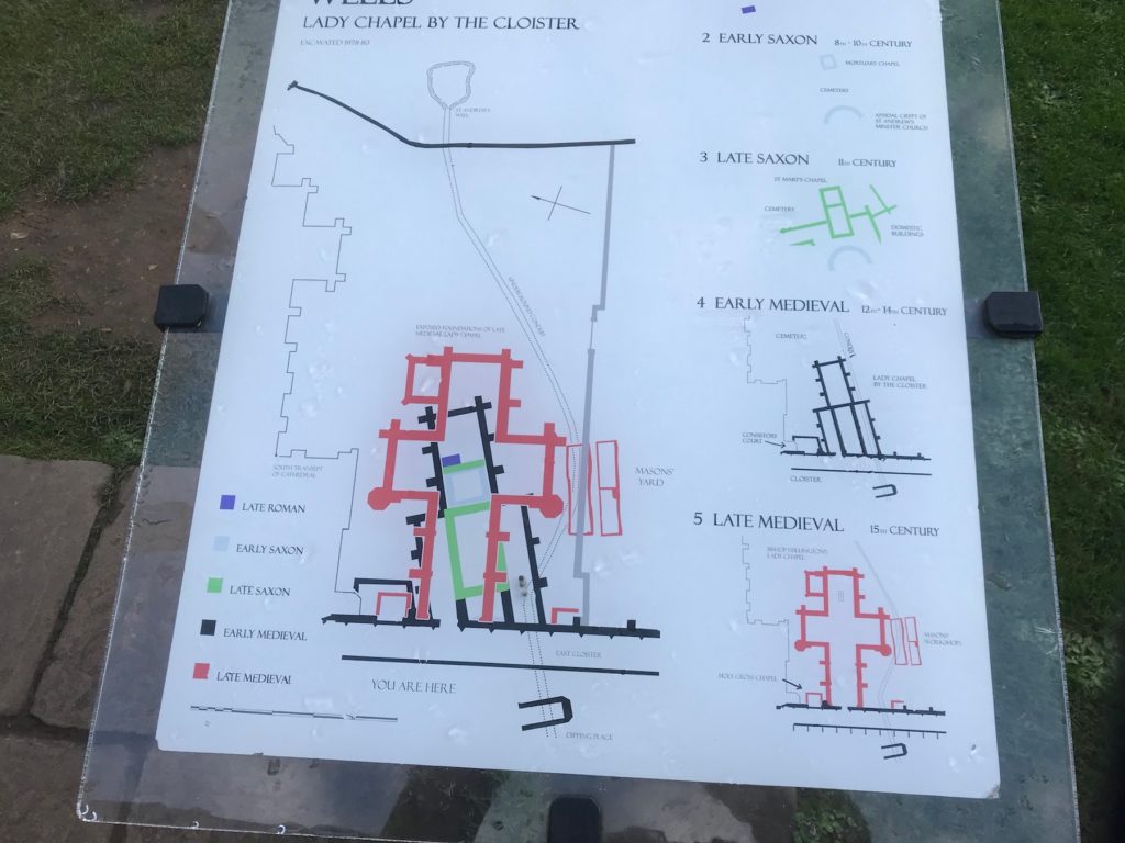 Wells cathedral, Somerset. An information board in the grounds showing the location of the earlier Saxon church