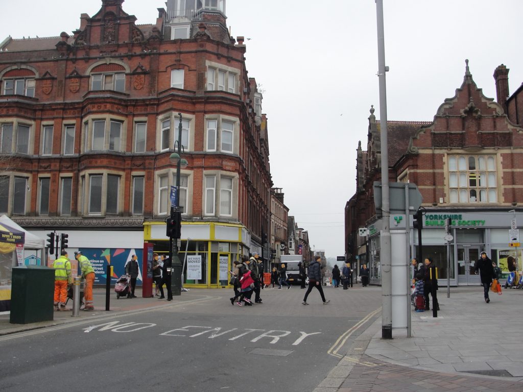 Exeter, Devon. Ancient crossroads.  From South Street, looking across to North Street, with High Street to the right and Fore Street to the left.