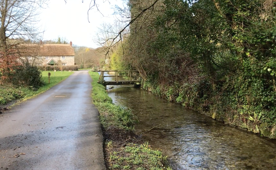 The river Bride flowing through Little Bredy, Dorset