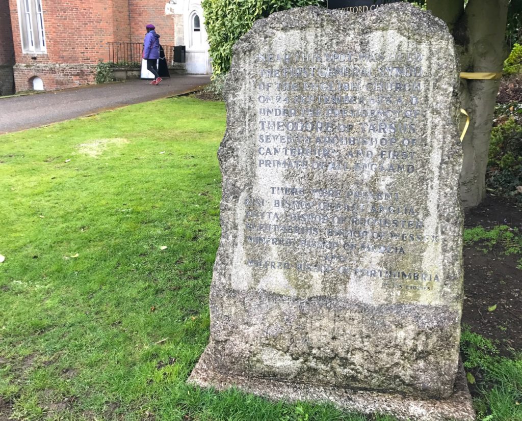 Stone in the grounds of Hertford Castle commemorating the synod that may have taken place there