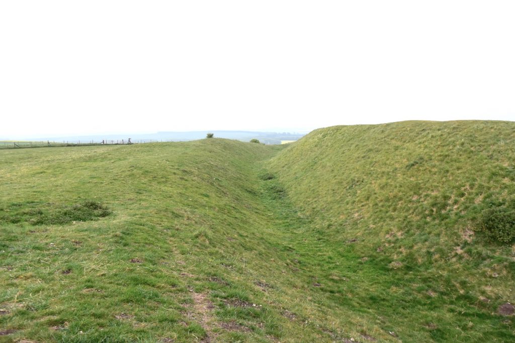 The southern perimeter of the Iron Age Uffington Fort, Oxfordshire, with the Ridgeway following the line of the fence to the left